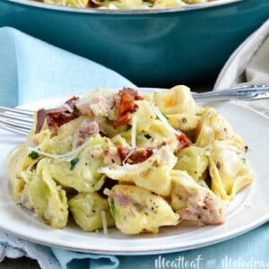 one pot cheesy ham tortellini skillet dinner made with leftover ham