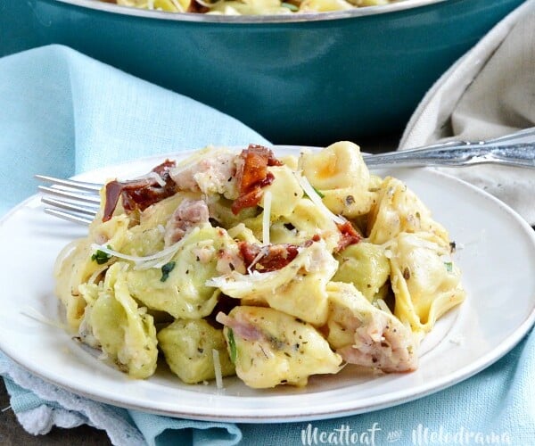 one pot cheesy ham tortellini skillet dinner made with leftover ham