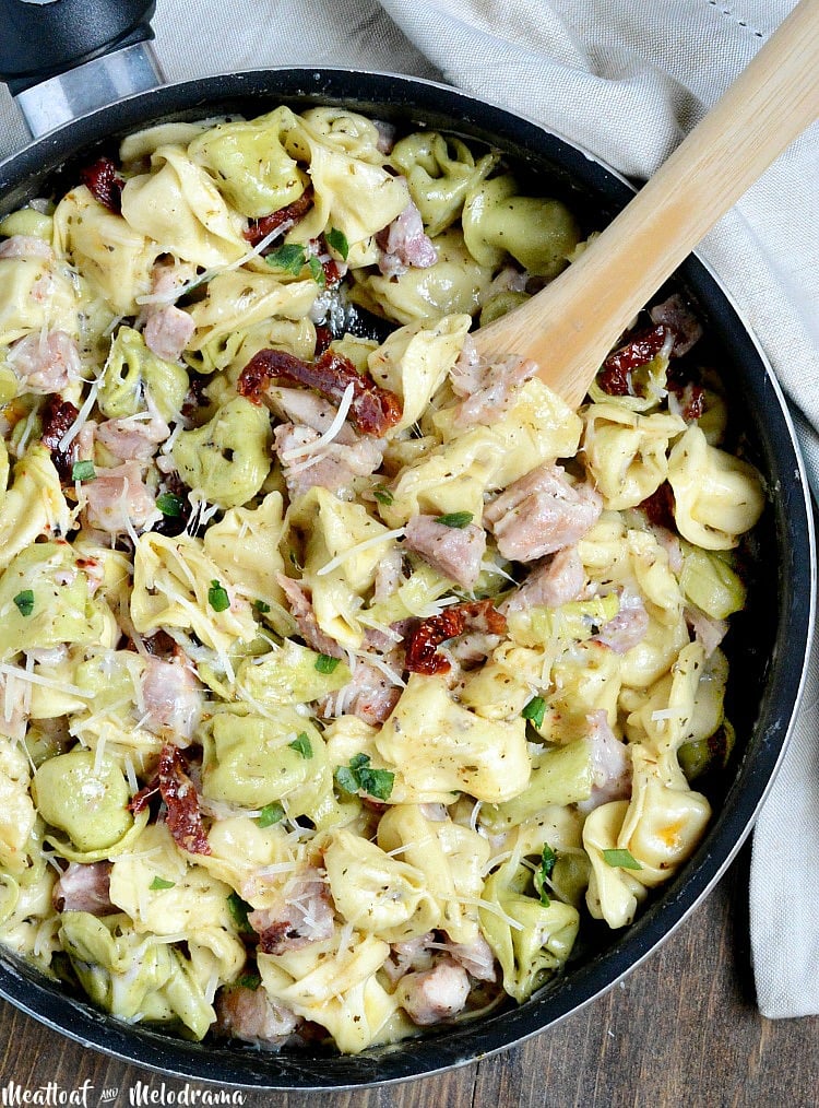 one pot cheesy ham tortellini skillet with sun dried tomatoes