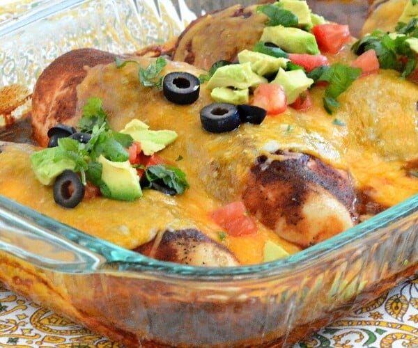 easy enchilada chicken bake in baking dish