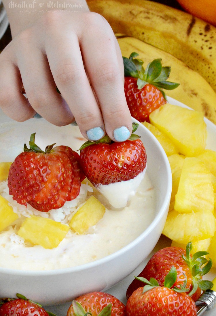 easy tropical fruit dip with strawberries and pineapple