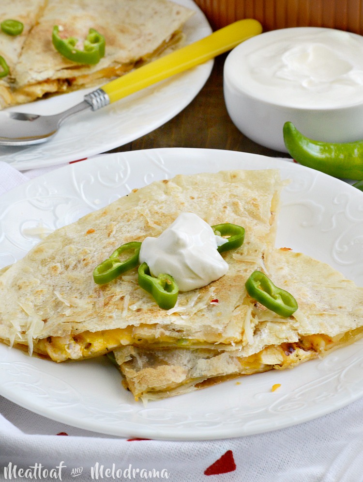 spicy pepper jack chicken quesadillas on plate