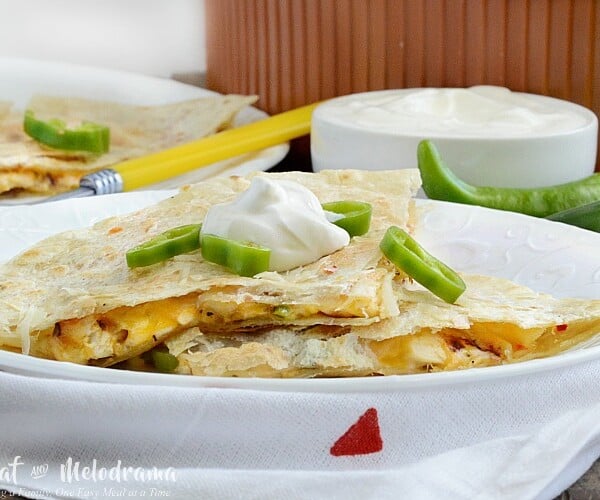 spicy pepper jack chicken quesadillas with sour cream and peppers recipe