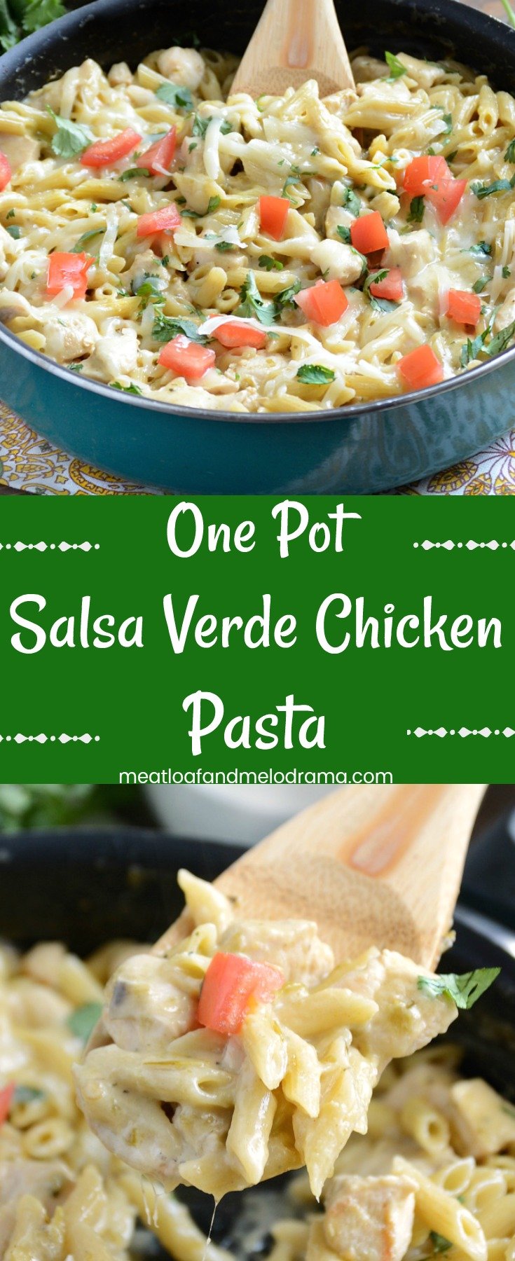 One Pot Salsa Verde Chicken Pasta - A quick and easy 30 minute dinner made with chicken, pasta and cheese in a creamy green chile sauce. Super easy clean up, too!