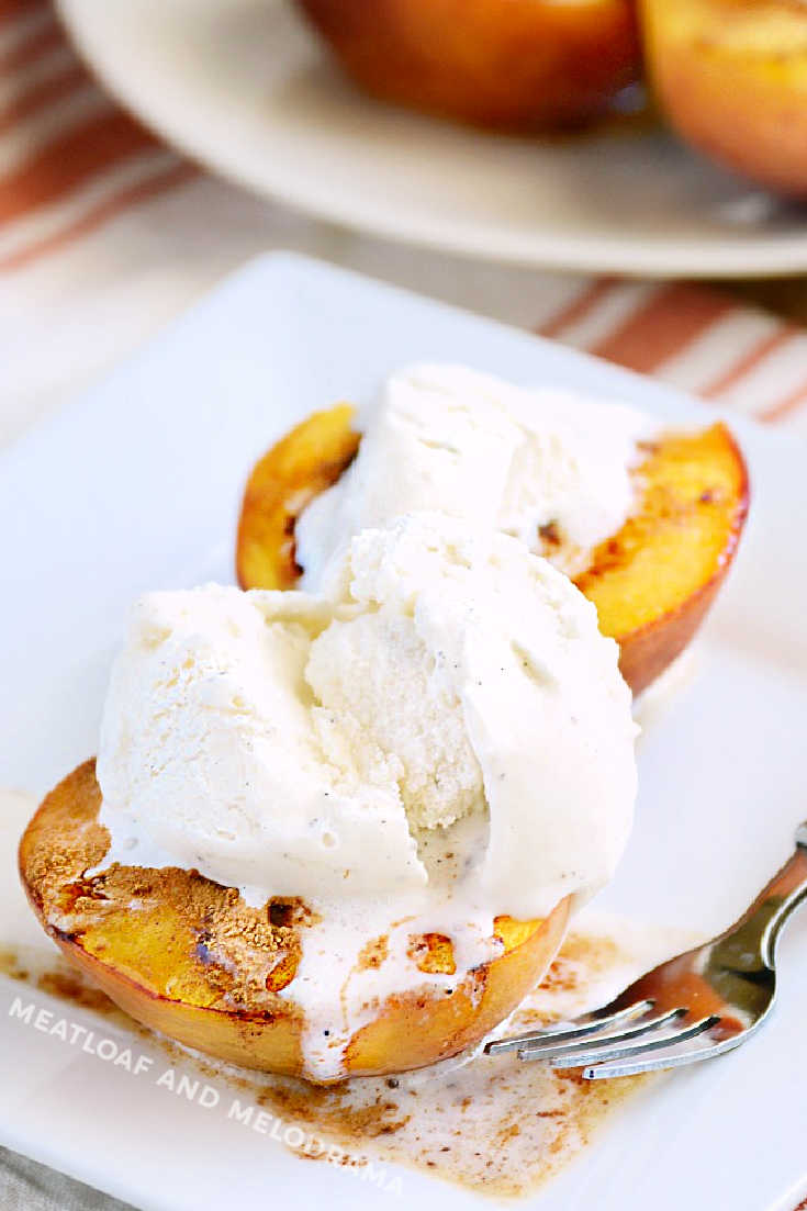 brown sugar cinnamon baked peaches with vanilla ice cream for dessert