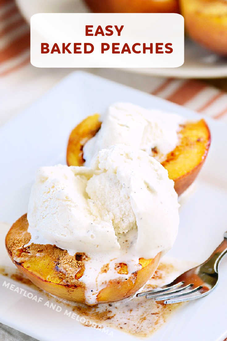 Easy Baked Peaches with brown sugar and cinnamon take just 10 minutes to make and are even better with vanilla ice cream for a delicious summer dessert!  via @meamel