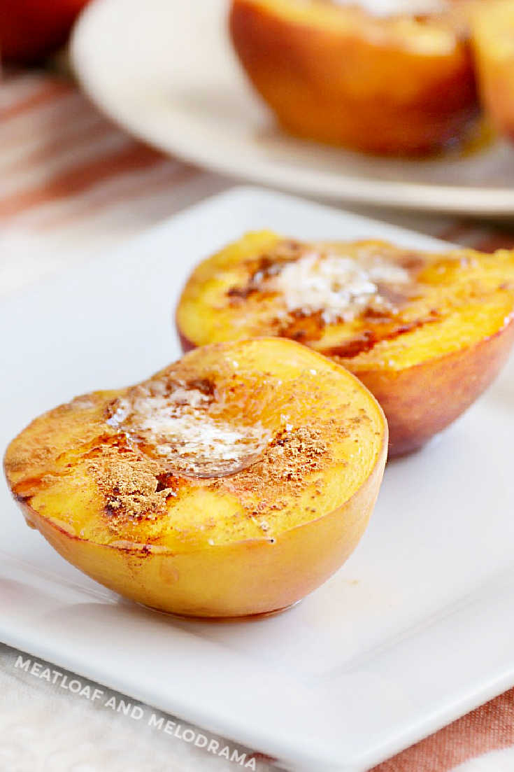 brown sugar cinnamon baked peaches on plate