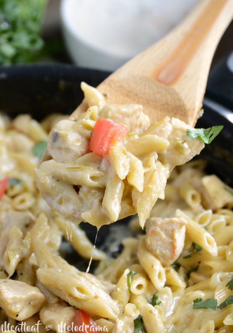 creamy one pot salsa verde chicken pasta with tomatoes and cilantro