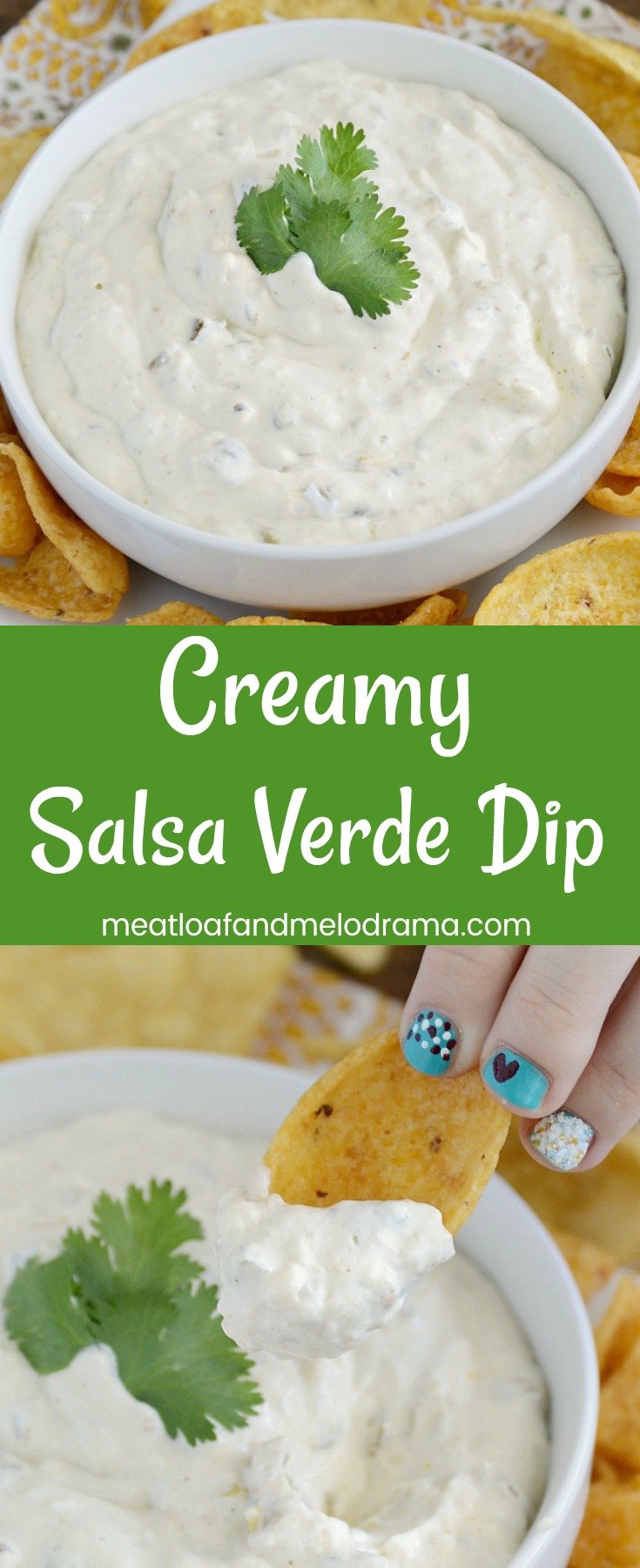 Creamy Salsa Verde Dip is an easy chip dip made in less than 5 minutes with only 3 ingredients. It's perfect for parties, potlucks, game day or every day snacking!