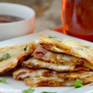 bbq ham and provolone cheese quesadillas on platter