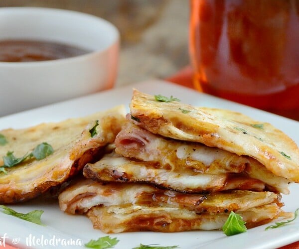 bbq ham and provolone cheese quesadillas on platter