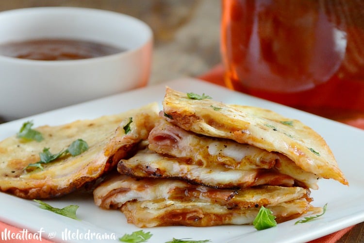bbq ham and provolone cheese quesadillas on platter