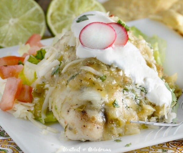 cheesy salsa verde chicken bake with green tomatillo sauce plated