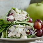 cranberry apple chicken salad wraps with red grapes on plate