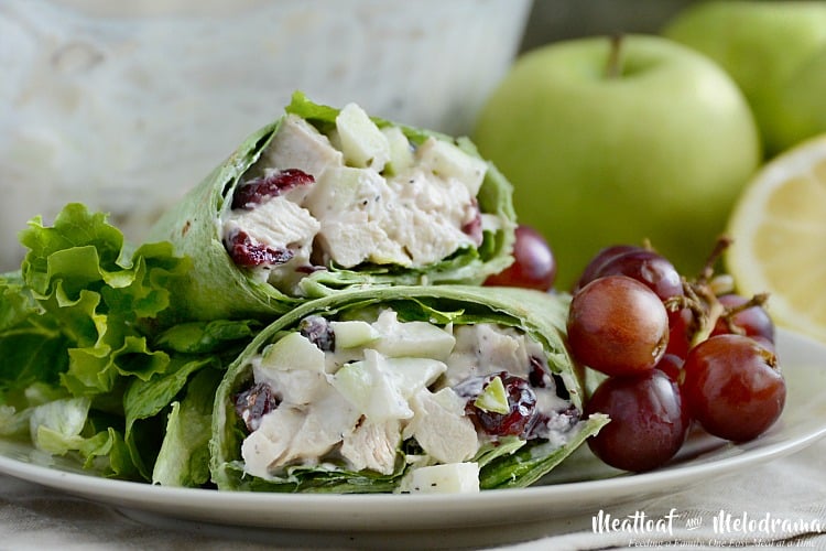 cranberry apple chicken salad wraps with red grapes on plate