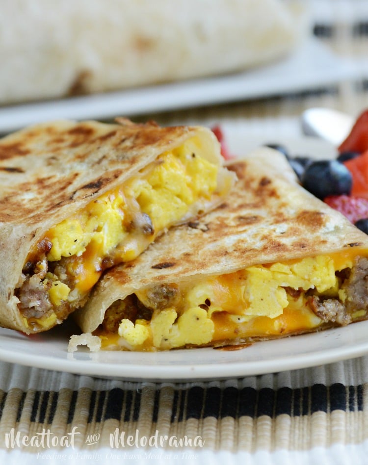 crispy sausage egg breakfast burritos with cheese
