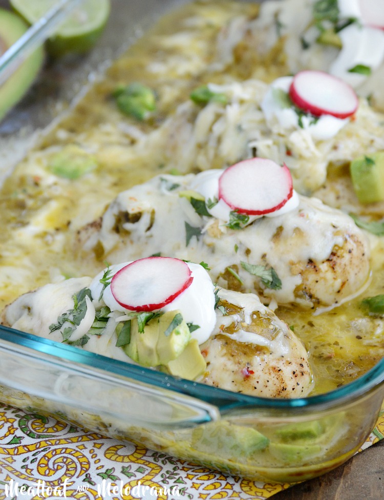 green salsa chicken bake with cheese and radishes in baking dish