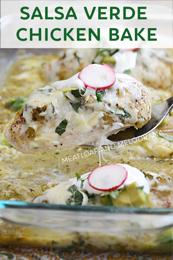 baked chicken with salsa verde and cheese on a serving fork