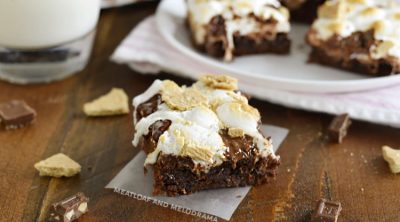 one bowl s'mores brownies on plate with milk