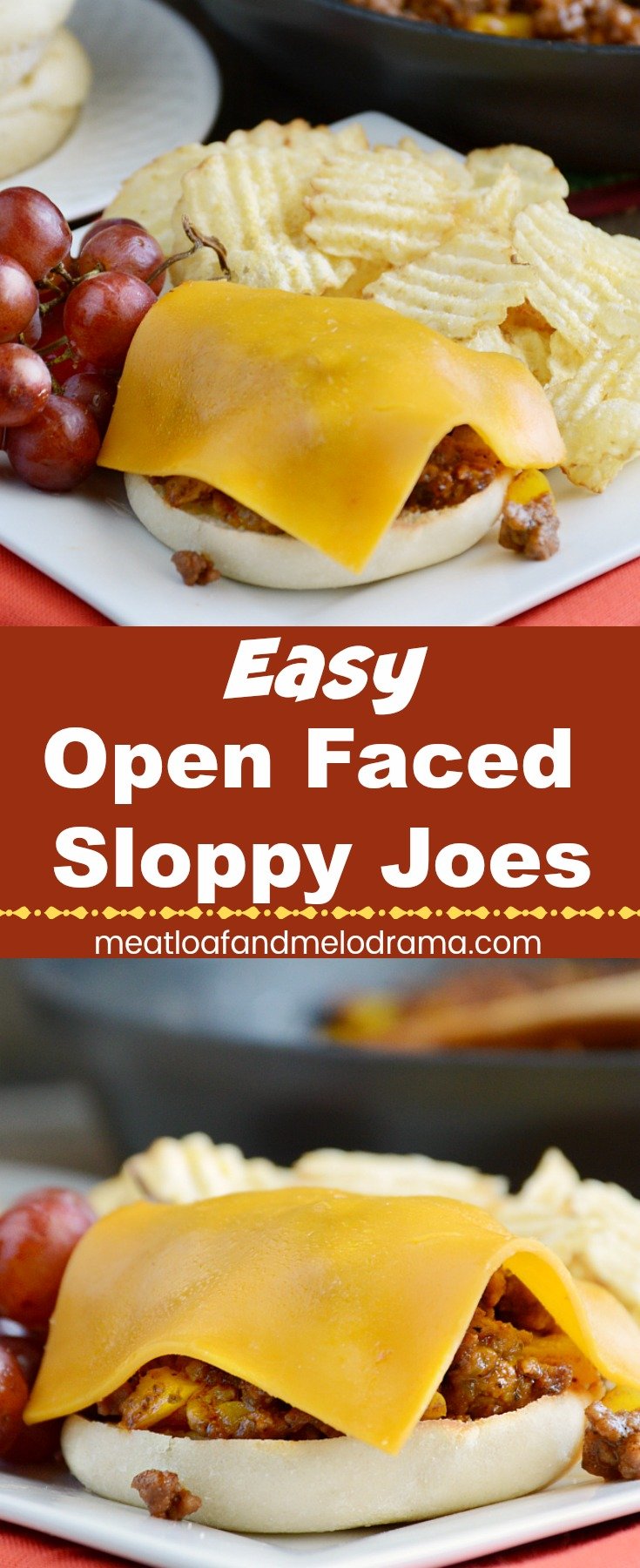 Open Faced Sloppy Joes - a fast easy dinner made with ground beef and bell peppers in a tangy barbecue sauce. Serve over English muffin halves and top with cheddar cheese. Ready in 20 minutes and kid approved! from Meatloaf and Melodrama
