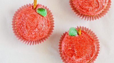 back to school apple cupcakes with red sugar frosting