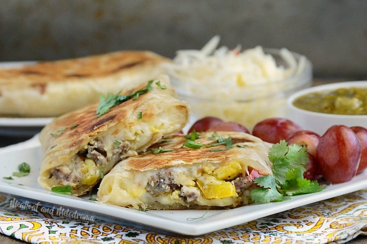 crispy salsa verde breakfast burritos with sausage eggs and peppers