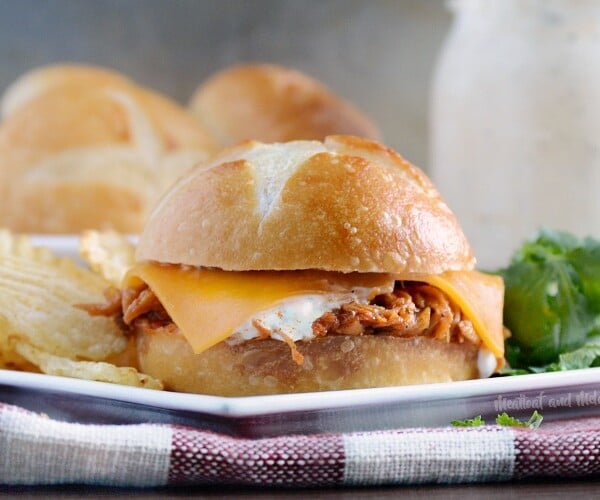honey chipotle bbq chicken sliders with cheddar cheese and ranch dressing