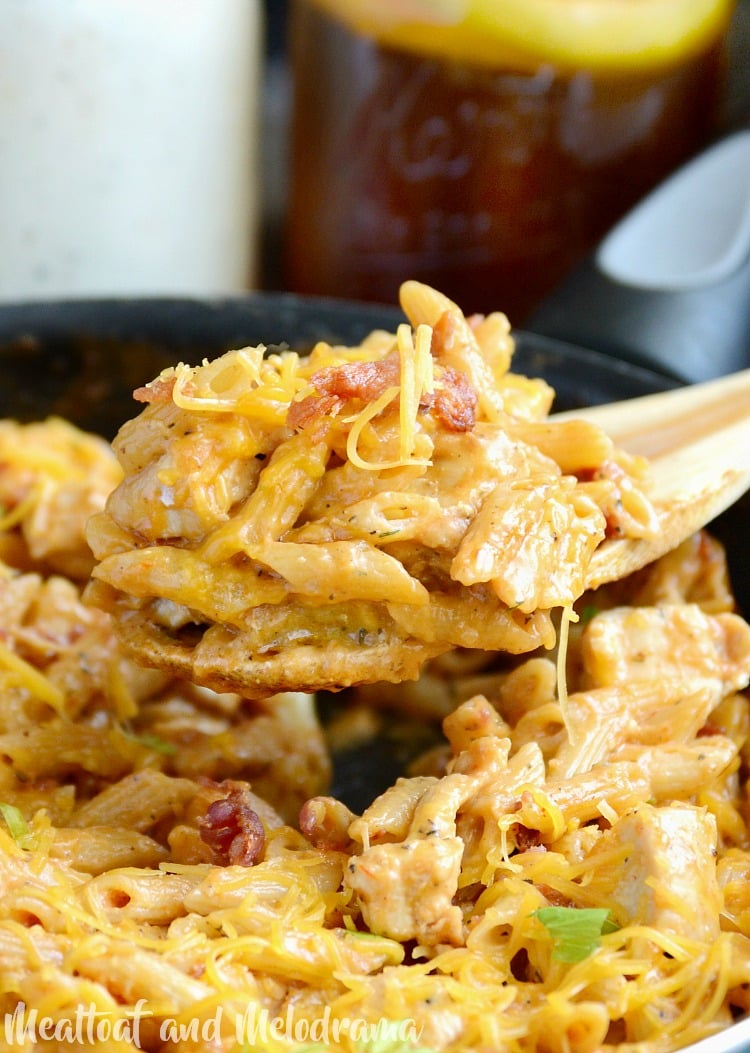 one pot bbq chicken bacon ranch pasta on spoon