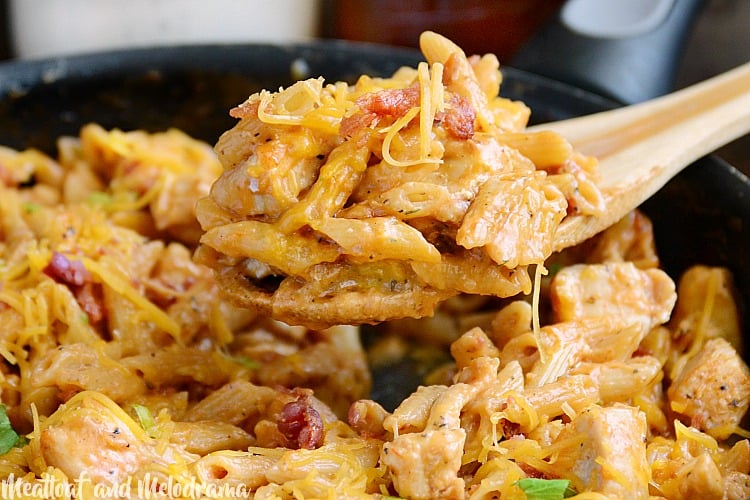 one pot bbq chicken bacon ranch pasta in skillet