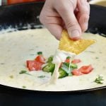 salsa verde white queso dip in skillet