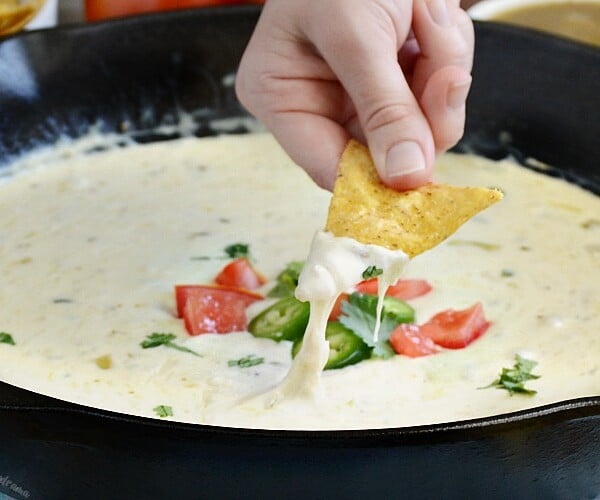 salsa verde white queso dip in skillet