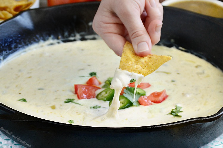 salsa verde white queso dip in skillet