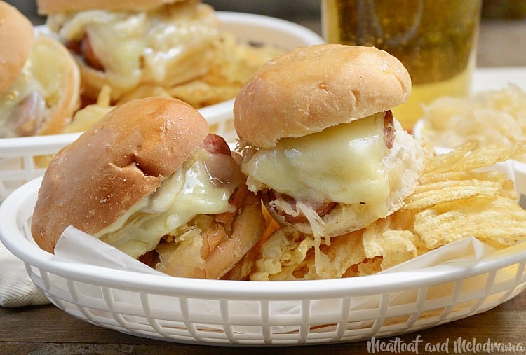 kielbasa sauerkraut sliders in basked with chips