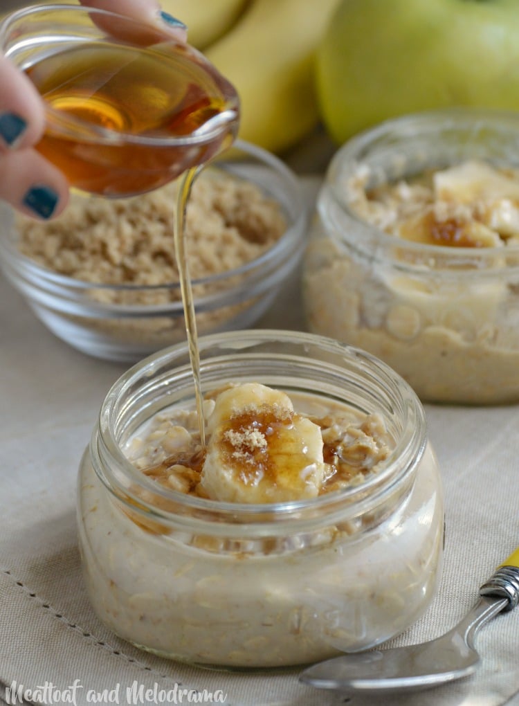 maple brown sugar overnight oats pour maple syrup