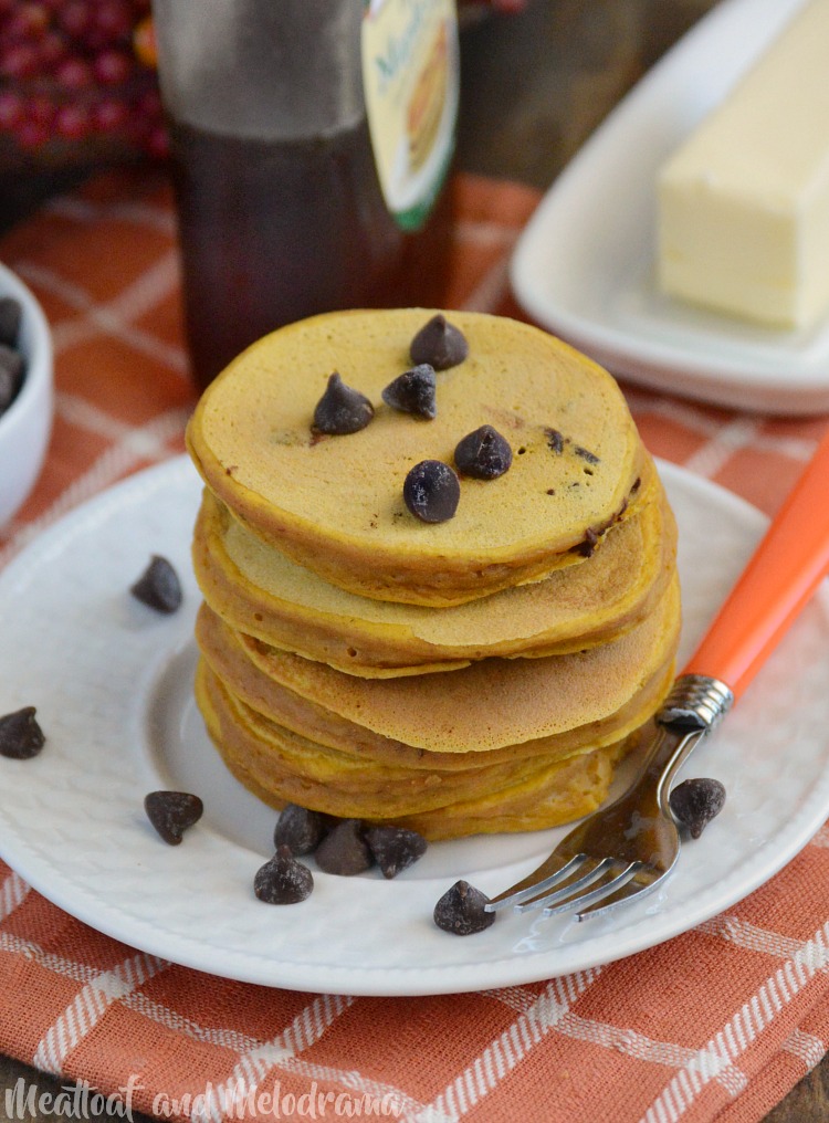pumpkin chocolate chip pancakes with extra chocolate chips