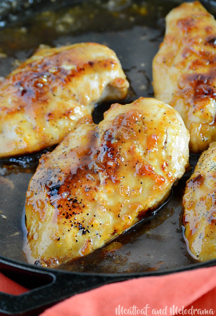 skillet glazed apricot chicken in cast iron pan