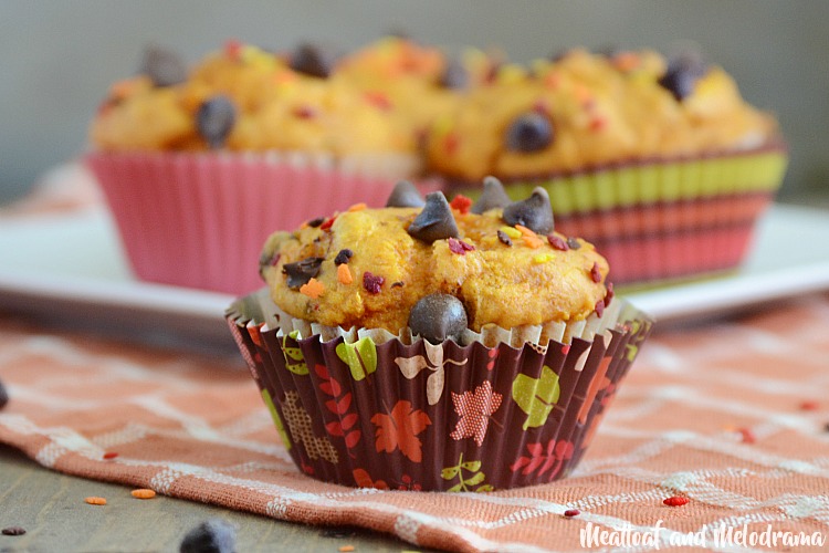 easy pumpkin chocolate chip muffins made with cake mix