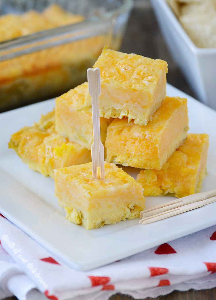 green chile cheese squares appetizer on bamboo fork