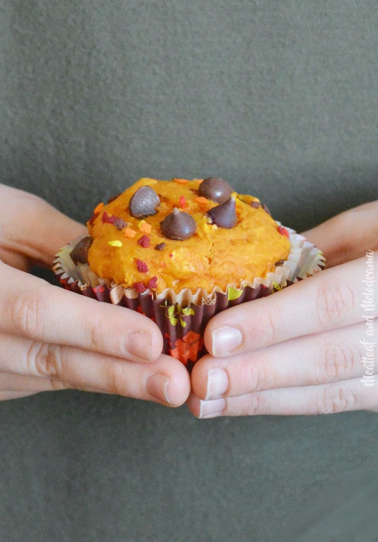 hands holding easy pumpkin chocolate chip muffins