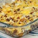 make ahead sausage sourdough breakfast casserole in baking dish