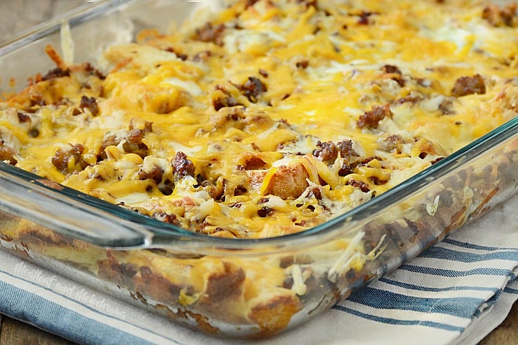 make ahead sausage sourdough breakfast casserole in baking dish