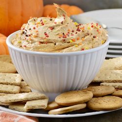 pumpkin pie dessert dip with gingersnaps and graham crackers in a bowl