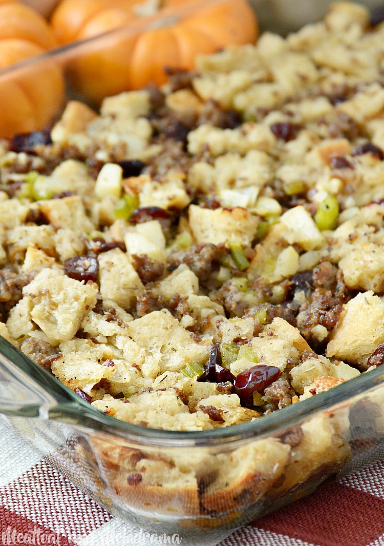 cranberry apple sausage stuffing baked in casserole dish