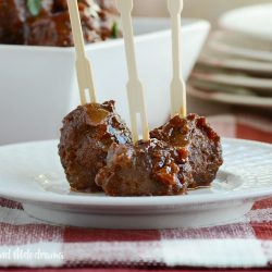 homemade cocktail party meatballs on a white plate