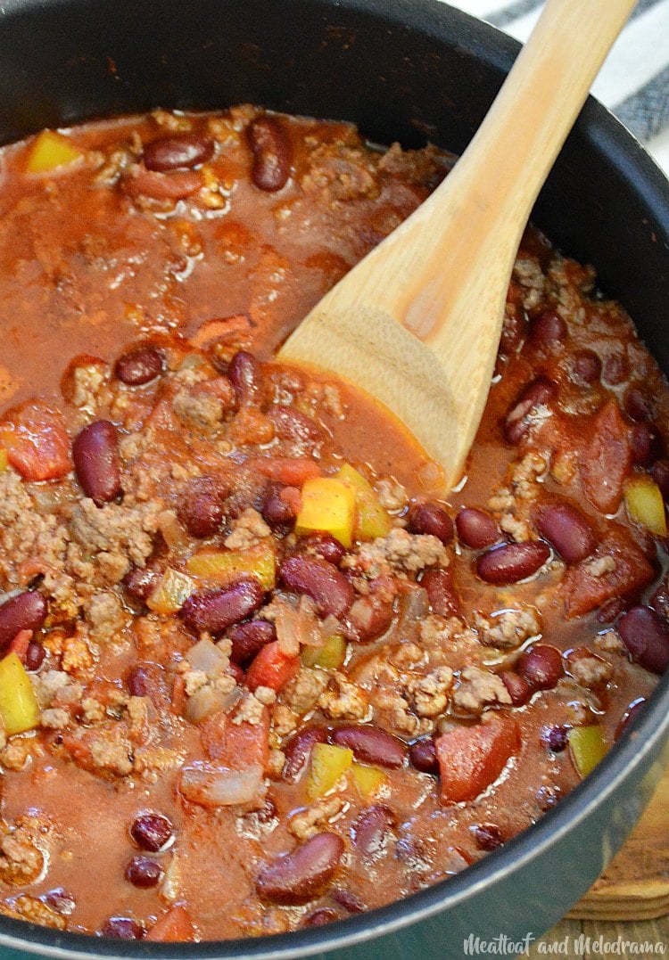 mom's best chili recipe with beef and beans in pot