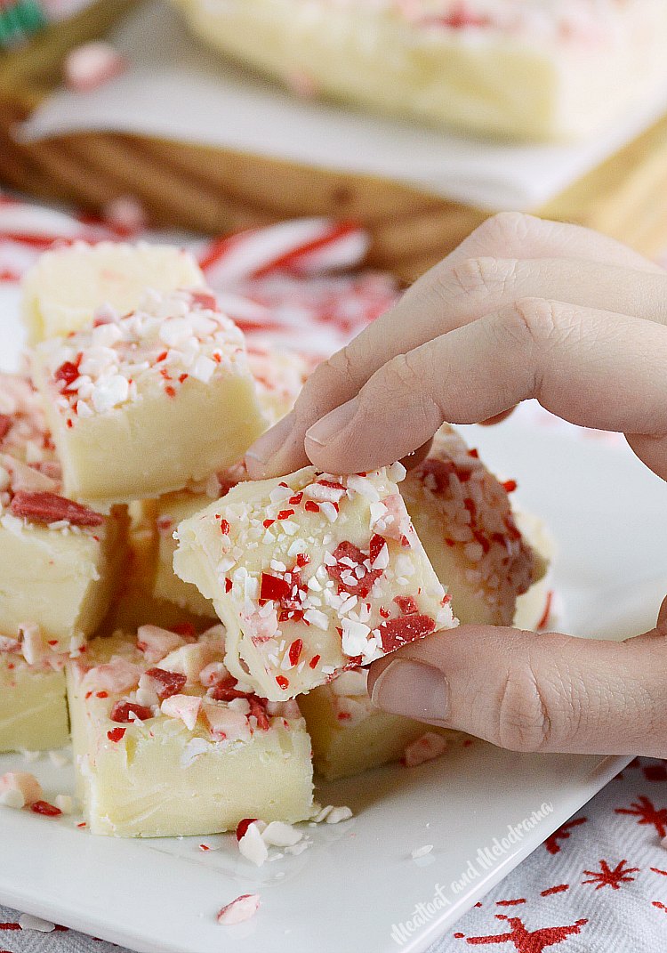 white chocolate peppermint fudge in hands