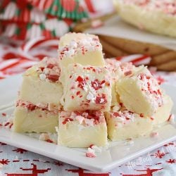 white chocolate peppermint fudge on white plate