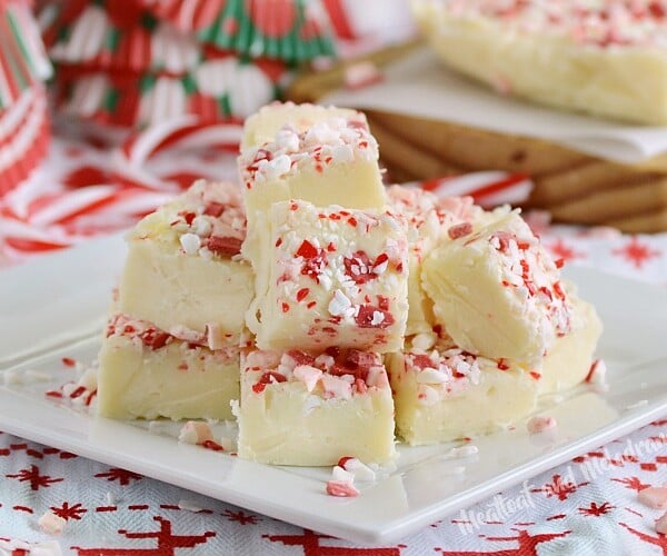 white chocolate peppermint fudge on white plate