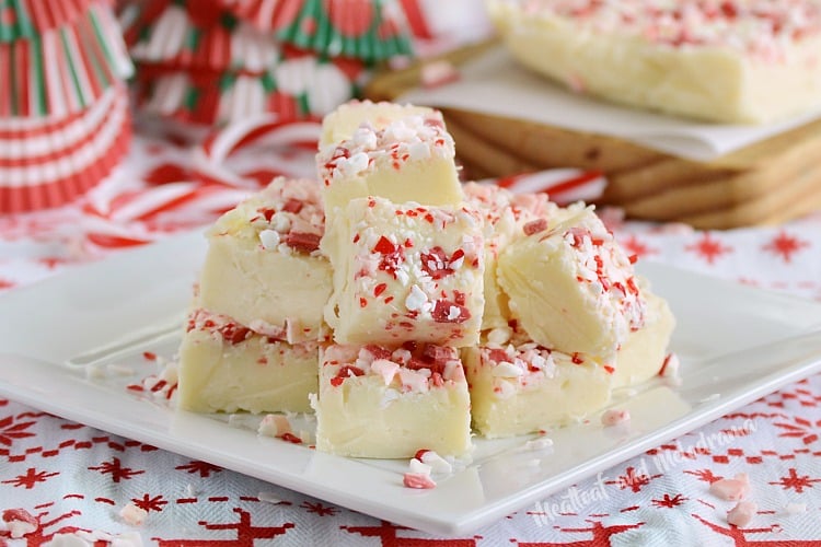 white chocolate peppermint fudge on white plate 