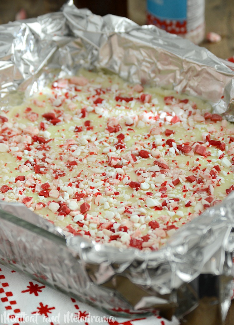 white chocolate peppermint fudge in square pan
